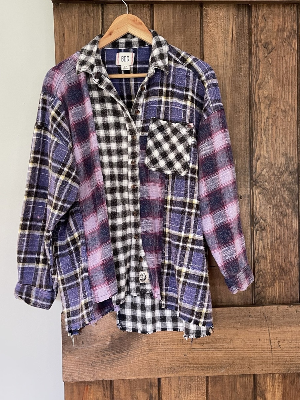 BDG Plaid Patchwork Mixed Distressed Button Down Flannel Shirt Oversized Small